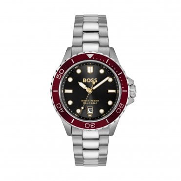 Mens TROPER Round Black Dial Red Bezel Stainless Steel Bracelet Watch 1514304