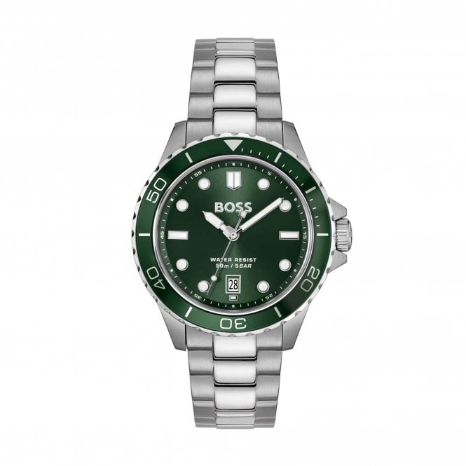 Boss Mens TROPER Round Green Dial Green Bezel Stainless Steel Bracelet Watch 1514294