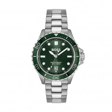 Mens TROPER Round Green Dial Green Bezel Stainless Steel Bracelet Watch 1514294