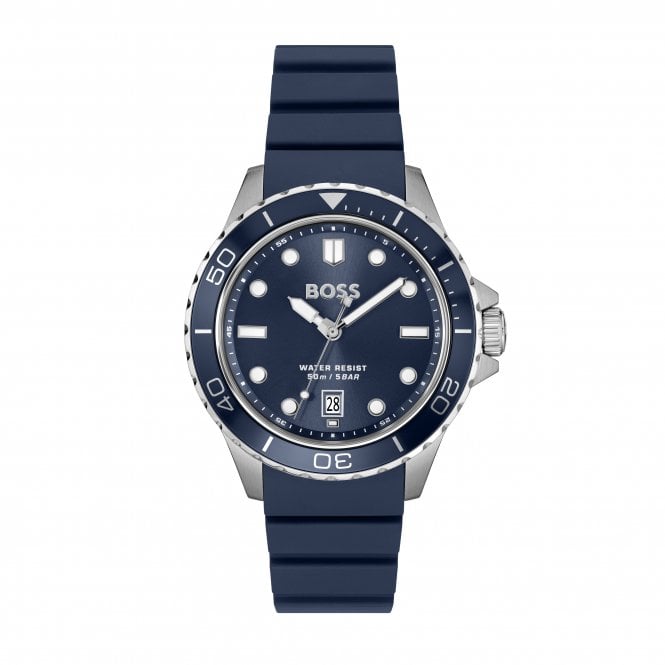 Boss Mens TROPER SPORT Round Blue Date Dial Blue Silicon Strap Watch 1514292