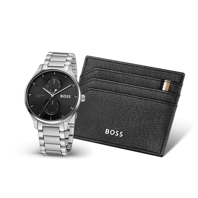 Boss Mens TYLER Round Black Chronograph Dial Stainless Steel Bracelet Watch & Card Holder Set 1570193