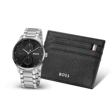 Mens TYLER Round Black Chronograph Dial Stainless Steel Bracelet Watch & Card Holder Set 1570193