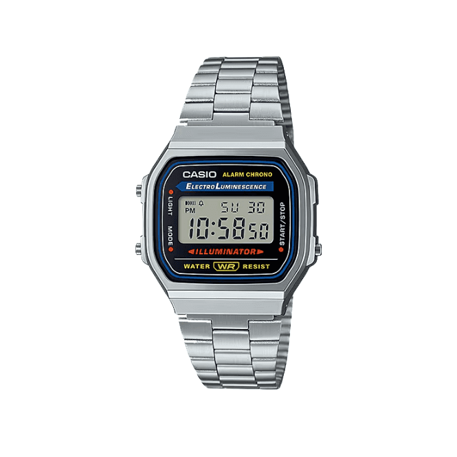 Casio Vintage Blue & Black Digital Display Stainless Steel Bracelet Watch A168WA-1YES