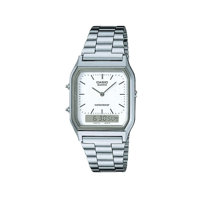 Casio Vintage Digital & Analogue White Dial Stainless Steel Bracelet Watch AQ-230A-7DMQYES
