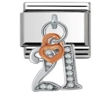 21 & Heart Drop Rose Silver Charm
