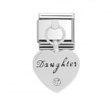 Daughter Silver Stone Set Heart Drop Charm