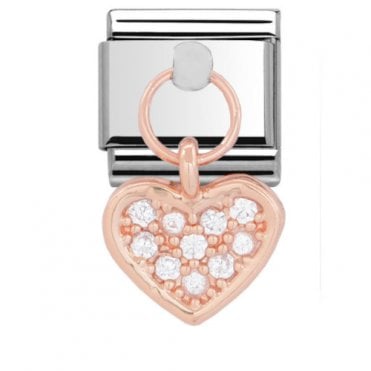 Pave Heart Rose Silver Drop Charm