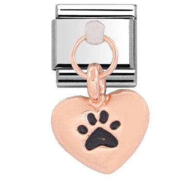 Paw Print In Heart Rose Silver Drop Charm