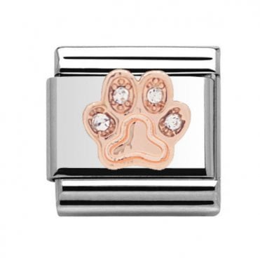 Paw Print Stone Set Rose Silver Charm