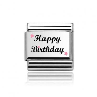 Silver Happy Birthday Pink Stars Charm