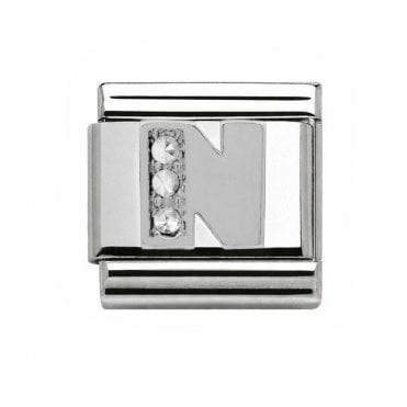 Silver Initial N Stone Set Charm