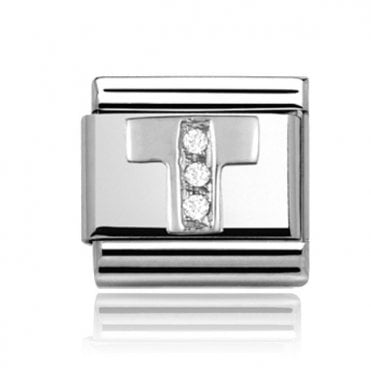 Silver Initial T Stone Set Charm