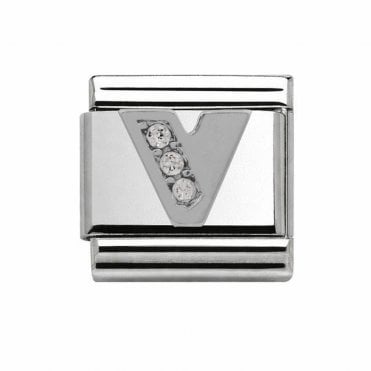 Silver Initial V Stone Set Charm
