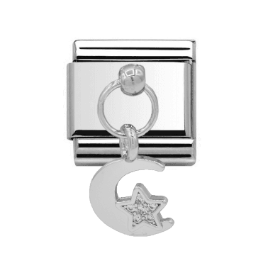 Silver Moon and Star Stone Set Drop Charm