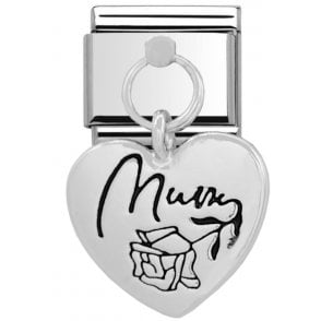 Silver Mum Heart Drop Charm