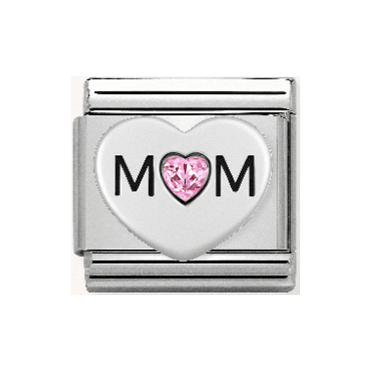 Silver Mum Pink Stone Set Heart Charm