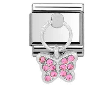 Silver Pink Stone Set Butterfly Drop Charm