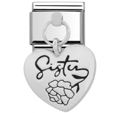 Silver Sister Heart Drop Charm