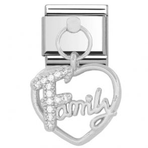 Silver Stone Set Family In Open Heart Drop Charm