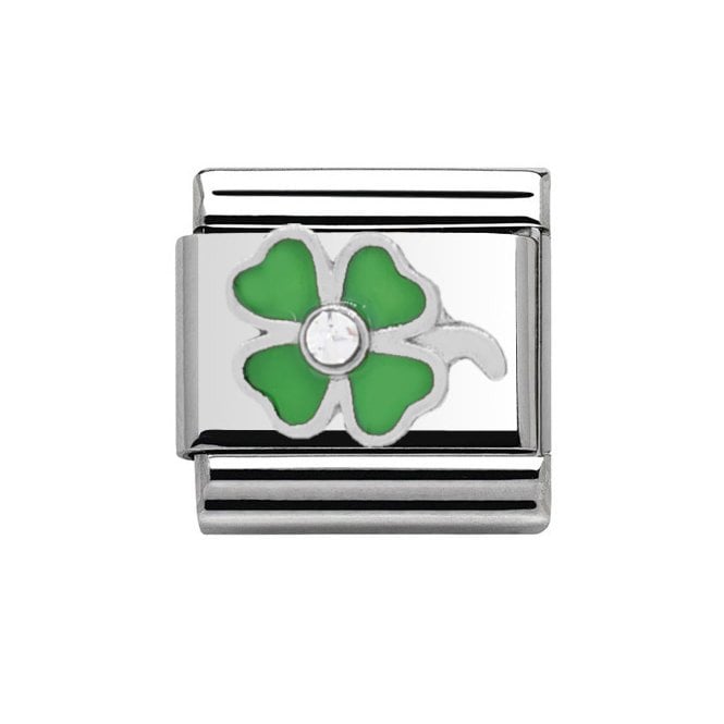 Charmlinks Silver Stone Set Green Four Leaf Clover Charm