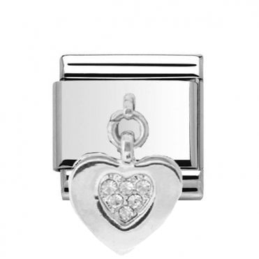 Silver Stone Set Heart Drop Charm