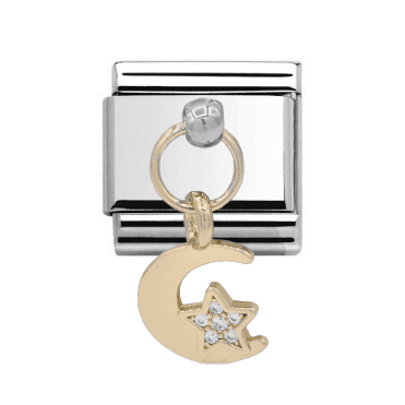 Silver with Gold Moon and Star Stone Set Drop Charm