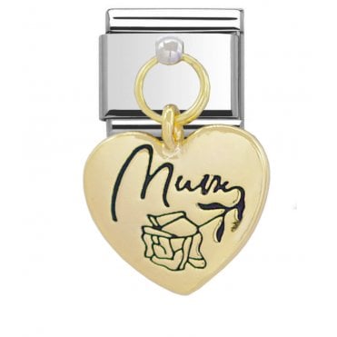 Silver with Gold Mum Heart Drop Charm