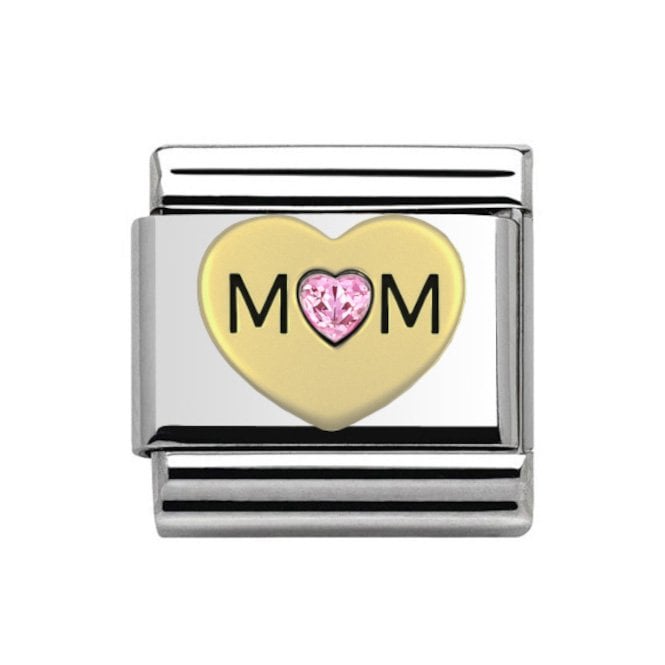 Charmlinks Silver with Gold Mum Pink Stone Set Heart Charm