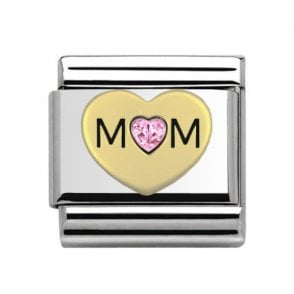 Silver with Gold Mum Pink Stone Set Heart Charm