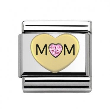 Silver with Gold Mum Pink Stone Set Heart Charm