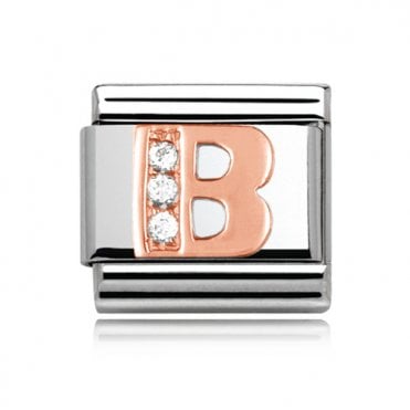 Silver with Rose Initial B Stone Set Charm