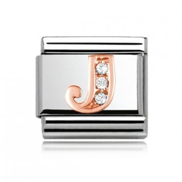 Silver with Rose Initial J Stone Set Charm
