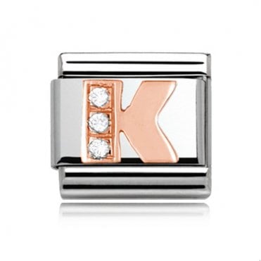 Silver with Rose Initial K Stone Set Charm