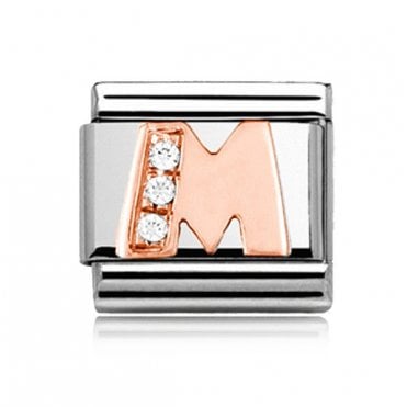 Silver with Rose Initial M Stone Set Charm