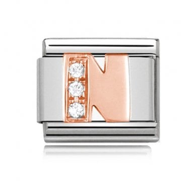 Silver with Rose Initial N Stone Set Charm