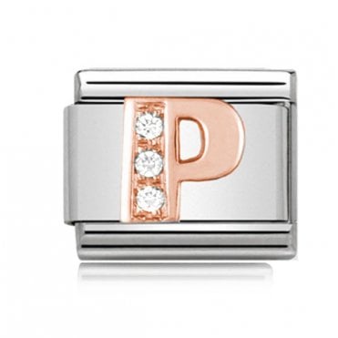 Silver with Rose Initial P Stone Set Charm