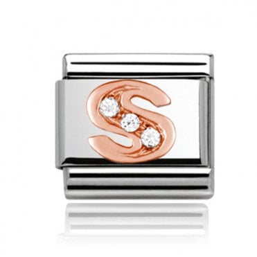 Silver with Rose Initial S Stone Set Charm