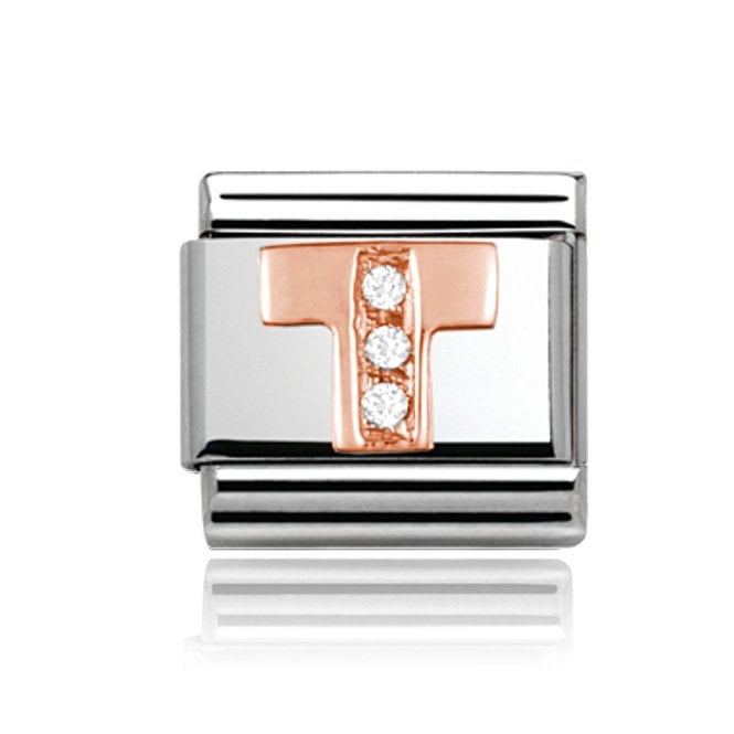 Charmlinks Silver with Rose Initial T Stone Set Charm