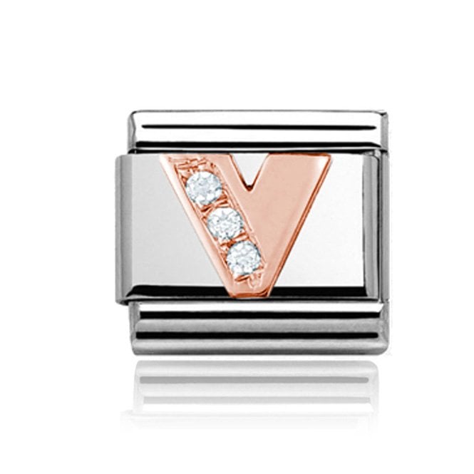 Charmlinks Silver with Rose Initial V Stone Set Charm