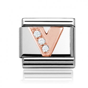 Silver with Rose Initial V Stone Set Charm