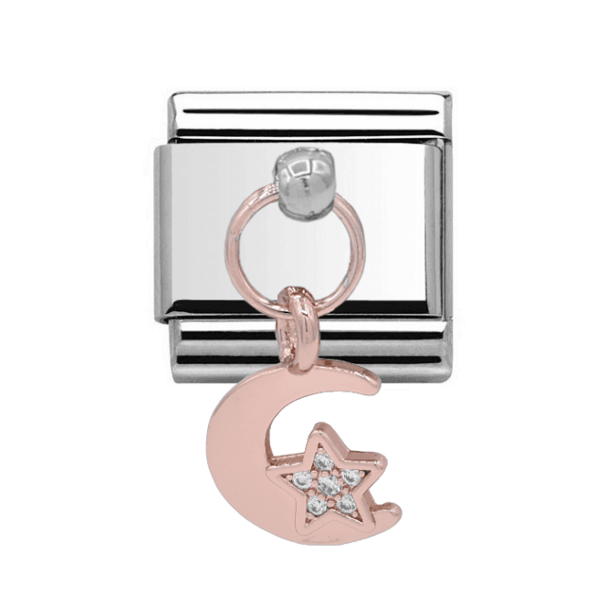 Charmlinks Silver with Rose Moon and Star Stone Set Drop Charm