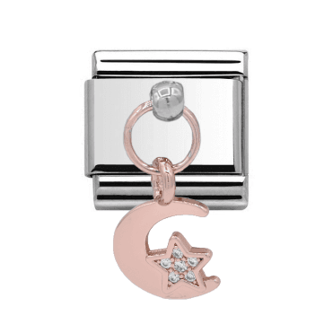 Silver with Rose Moon and Star Stone Set Drop Charm