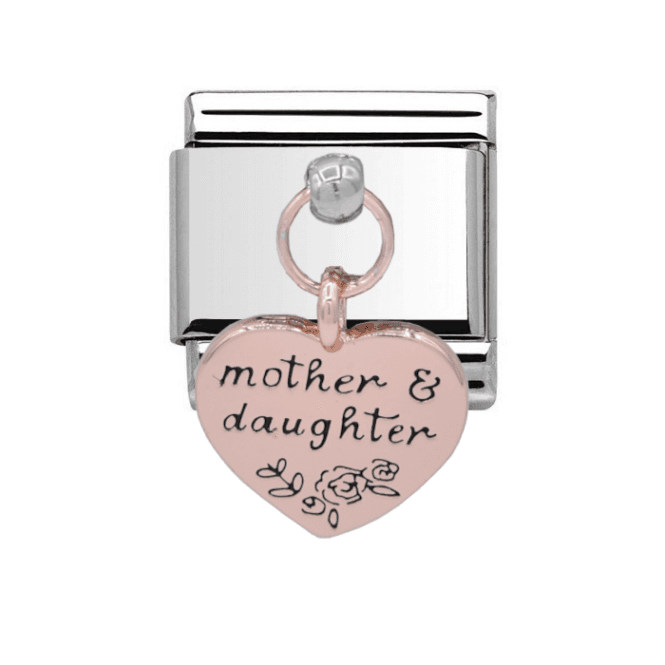 Charmlinks Silver with Rose Mother and Daughter Heart Drop Charm
