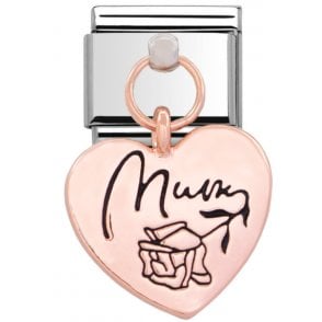 Silver with Rose Mum Heart Drop Charm