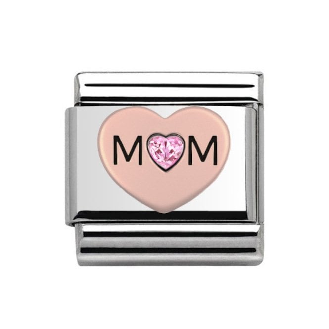 Charmlinks Silver with Rose Mum Pink Stone Heart Charm