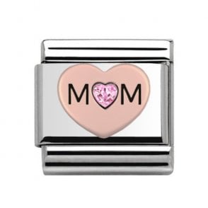 Silver with Rose Mum Pink Stone Heart Charm