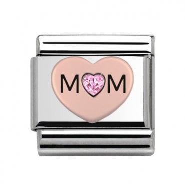 Silver with Rose Mum Pink Stone Heart Charm