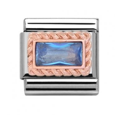 Silver with Rose Rectangular Aquamarine March Birthstone Charm