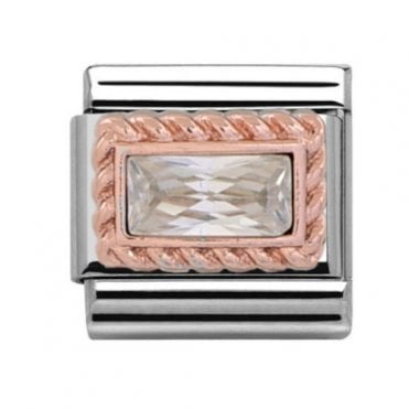 Silver with Rose Rectangular Diamond April Birthstone Charm