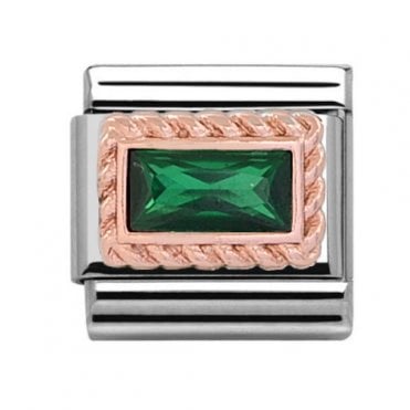 Silver with Rose Rectangular Emerald May Birthstone Charm